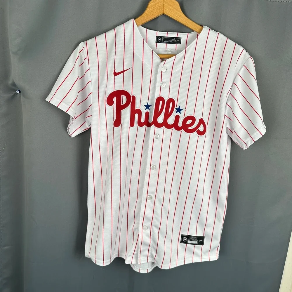 Nike Philadelphia Phillies Aaron Nola 27 Pinstripe Jersey Boys Large 14/16 White